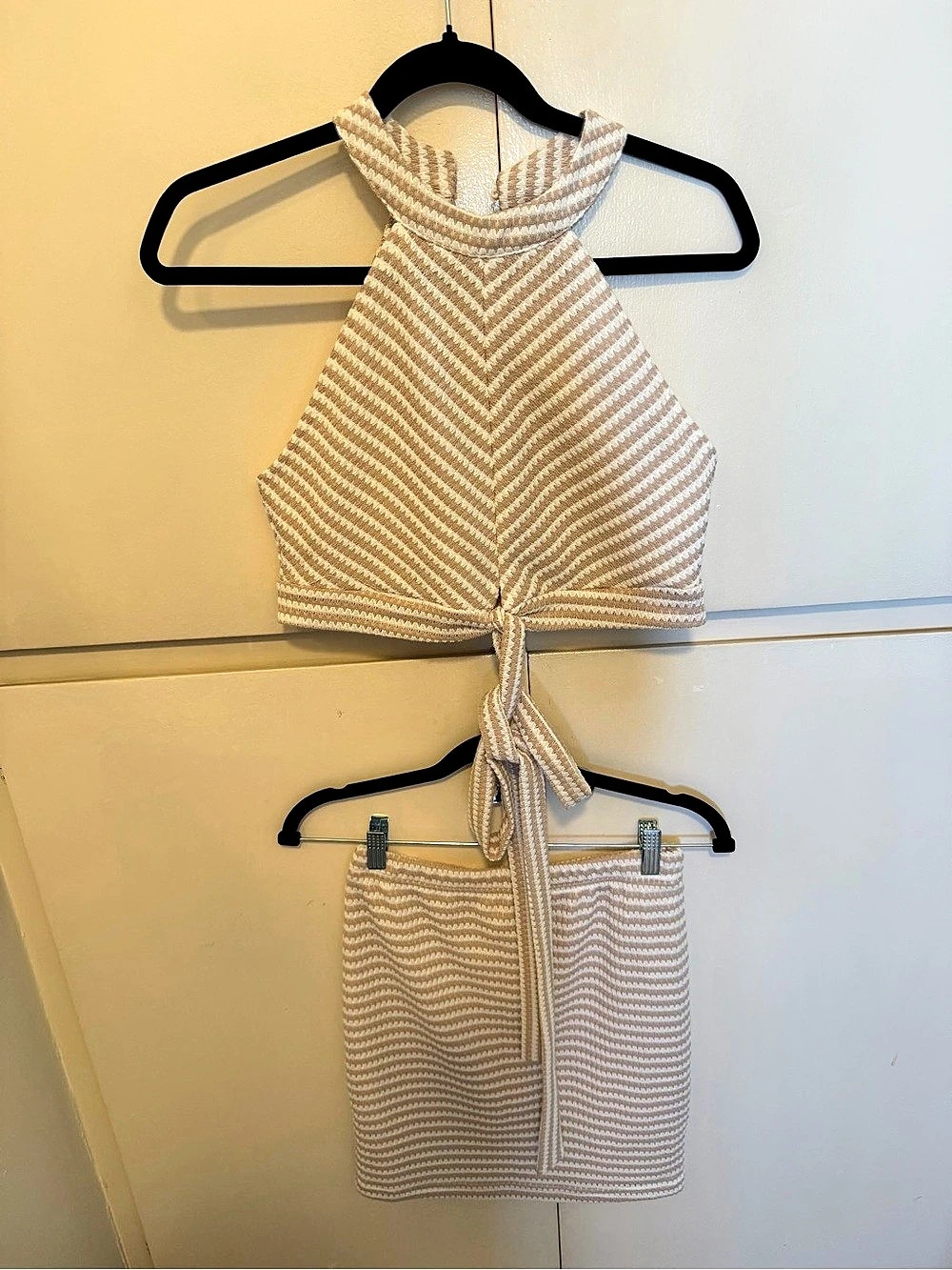 Striped Two-Piece Skirt Set in brown & White